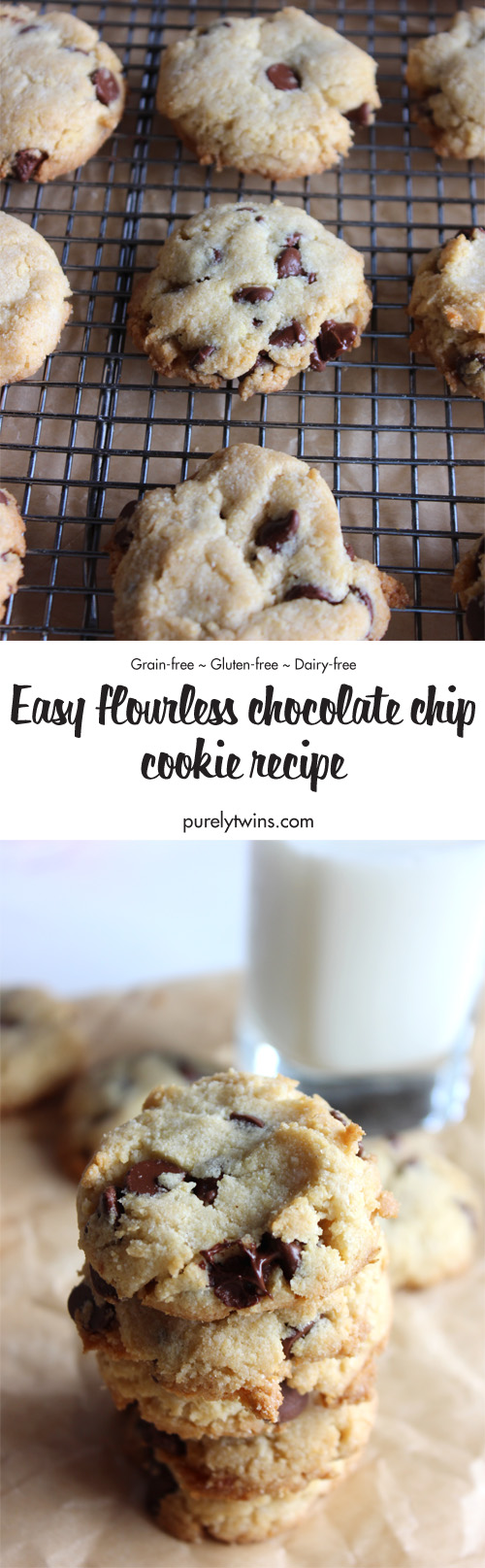 Easy flourless chocolate chip cookies. Made with almond flour and coconut flour. This chocolate chip cookie recipe is gluten-free, grain-free, and dairy-free. These cookies are made from 8 ingredients and easy to make. Paleo friendly almond flour chocolate chip cookie recipe. An all-time favorite cookie recipe. 