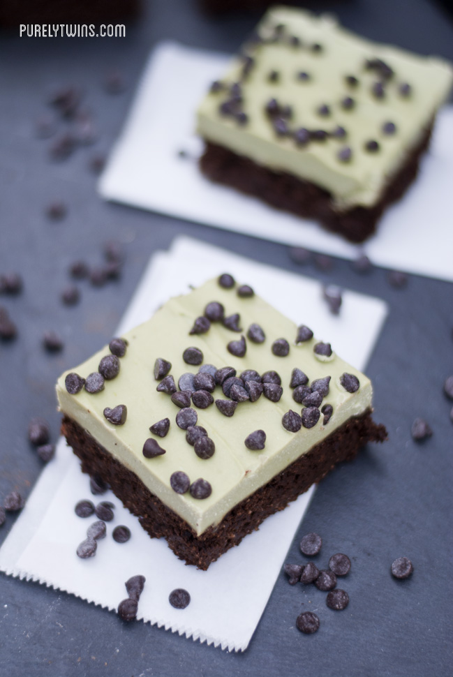 Recipe for gluten-free, grain-free, vegan mint chocolate chip protein fudge brownies. This recipe for protein fudge brownies is super easy to make! topped with a rich and creamy  avocado frosting!