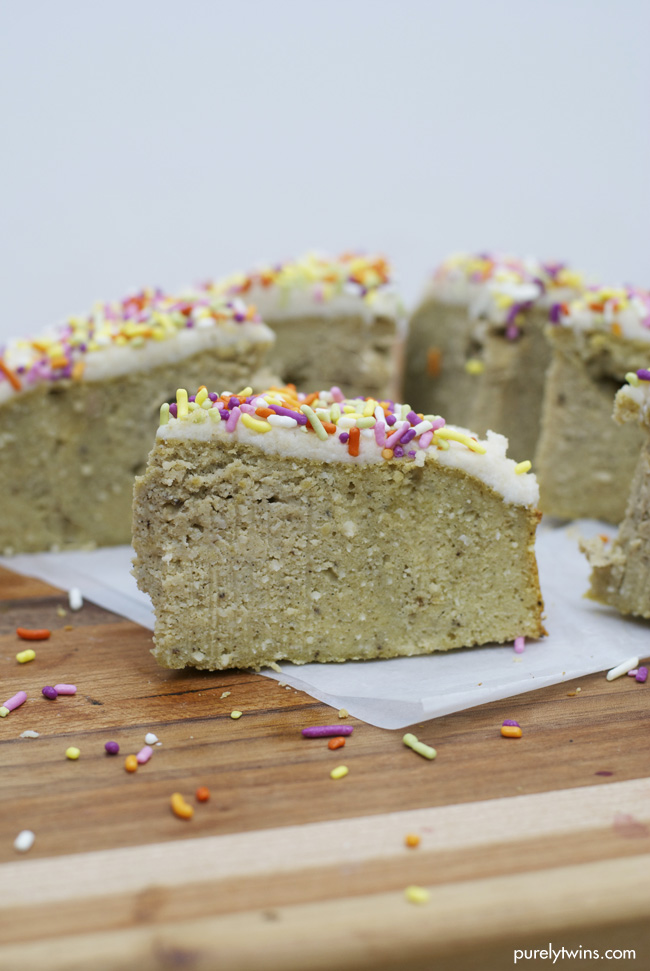 soft moist grain free no sugar vanilla cake with coconut butter frosting sprinkles via purelytwins