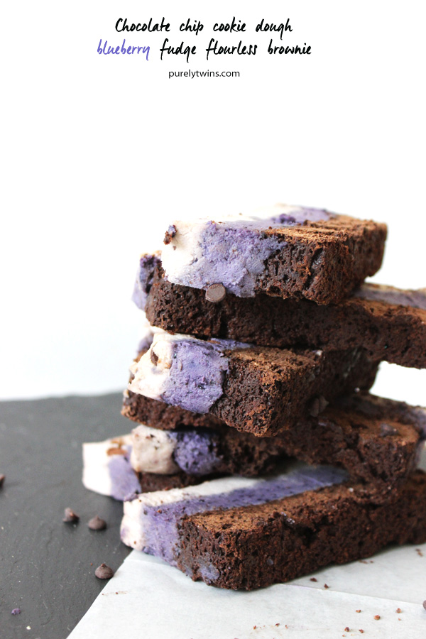 Amazing flourless brownies topped with blueberry coconut butter fudge and raw chocolate chip cookie dough. #glutenfree #vegan #paleo @purelytwins