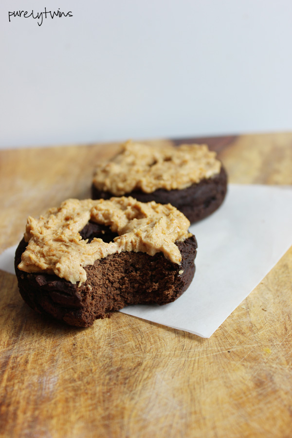 Gluten free grain free egg free chocolate protein donuts made with peanut butter. Healthy baked donut recipe. Makes 2 donuts.