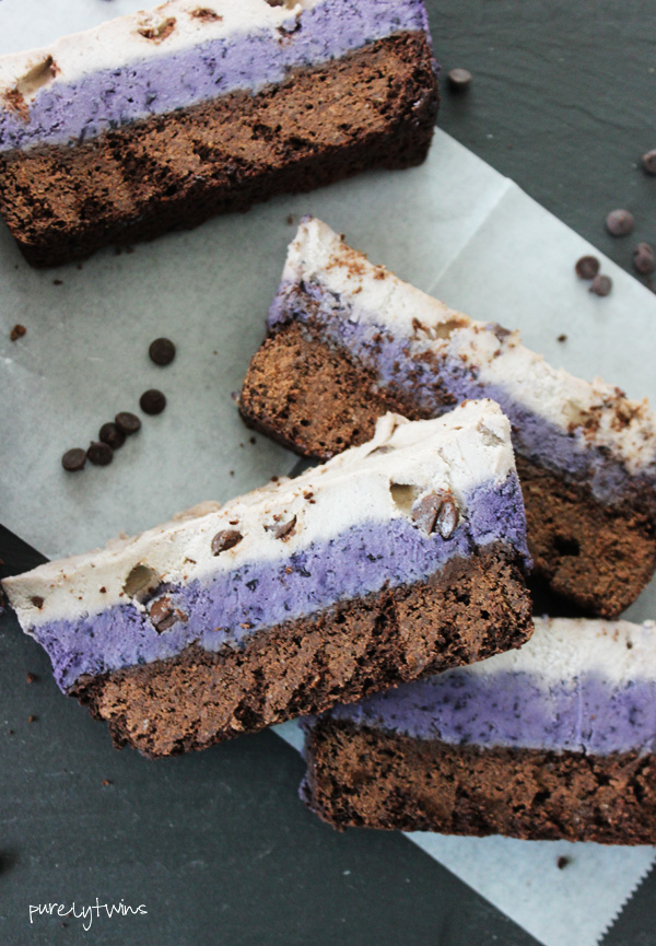 The best recipe for chocolate chip cookie dough with blueberry fudge on top of flourless plantain brownie