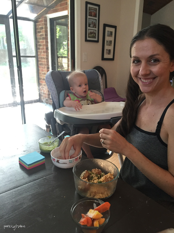 baby led weaning for solids at 9 months. New mom eating lunch with daughter. Day in the life. purelytwins.com