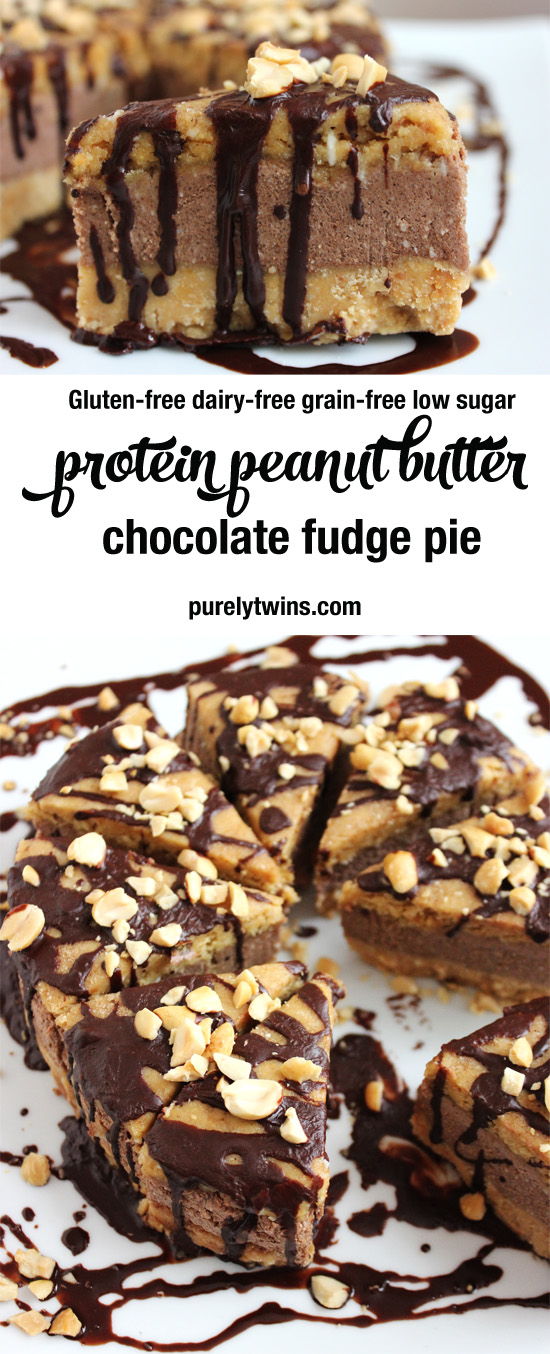Protein peanut butter chocolate fudge pie. No bake recipe. So easy to make and made from real ingredients. A healthy way to enjoy reese's pieces pie. #glutenfree #grainfree #dairyfree #lowsugar | purelytwins.com
