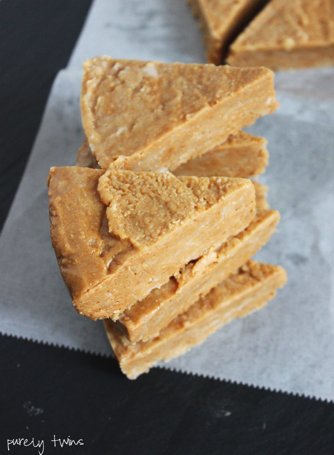 homemade easy quick healthy peanut butter fudge recipe with coconut butter full of healthy fats || www.purelytwins.com