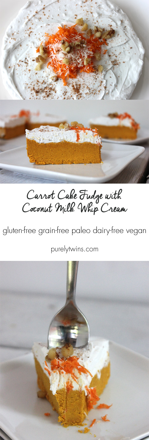Paleo semi raw vegan gluten-free carrot cake fudge sweetened with maple syrup and topped with dairy-free coconut whip cream. | purelytwins.com