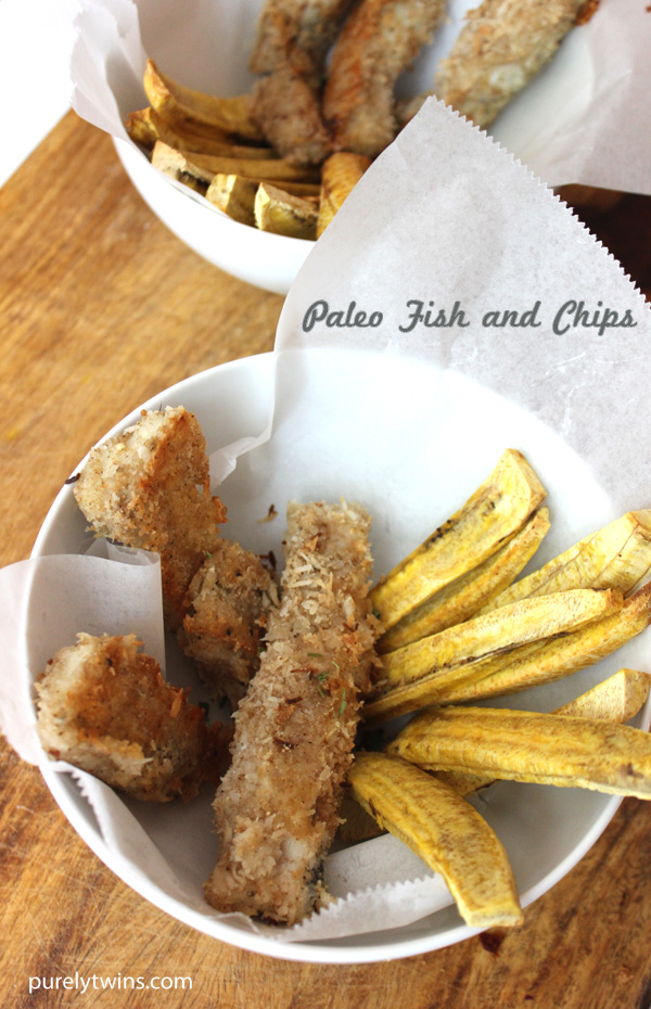 Paleo fish and chips recipe using coconut flakes and tigernut and baked in coconut oil. Plantain chips instead of french fries making this a healthier dinner option. #glutenfree #grainfree #dairyfree | purelytwins.com