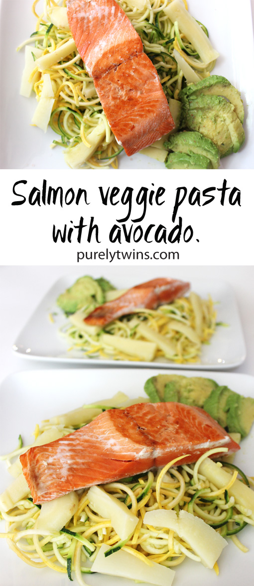 What's for dinner? Salmon veggie pasta! Quick. Easy. Healthy dinner for two using real foods. #glutenfree #paleo #gutfriendly | purelytwins.com 