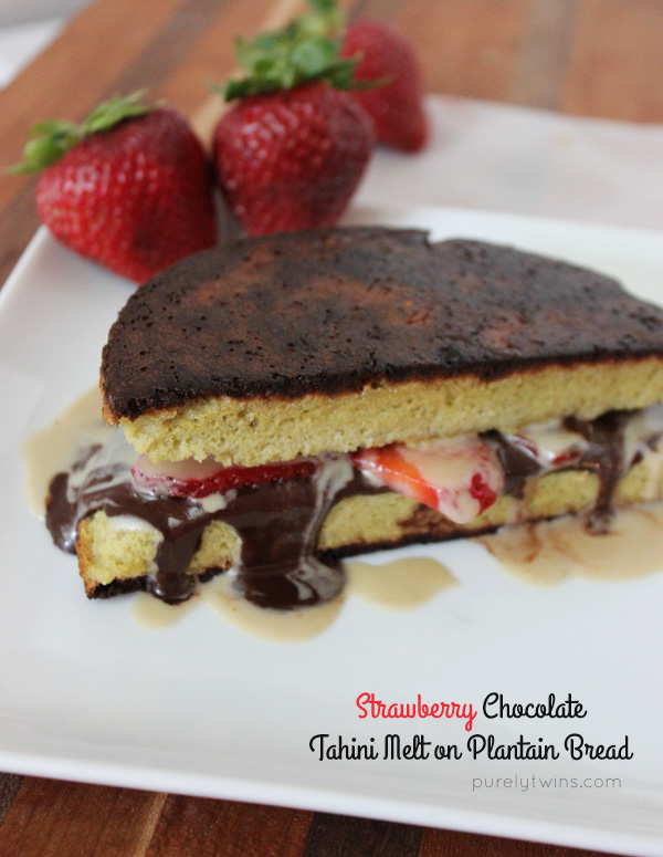 Strawberry and chocolate melt with tahini on plantain bread. Healthy sandwich recipe. Kid friendly. Mom approved. | purelytwins.com