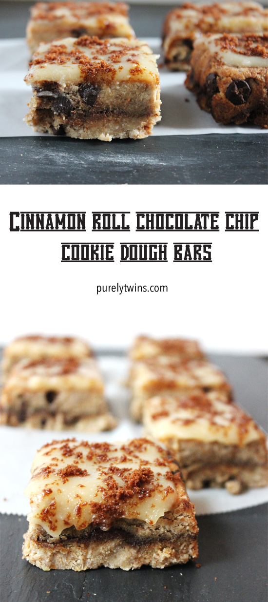 Chocolate chip cookie dough bars with cinnamon roll frosting. Dessert bar made from tigernut flour and coconut flour making them grain-free. Low sugar cookie bar. | purelytwins.com 