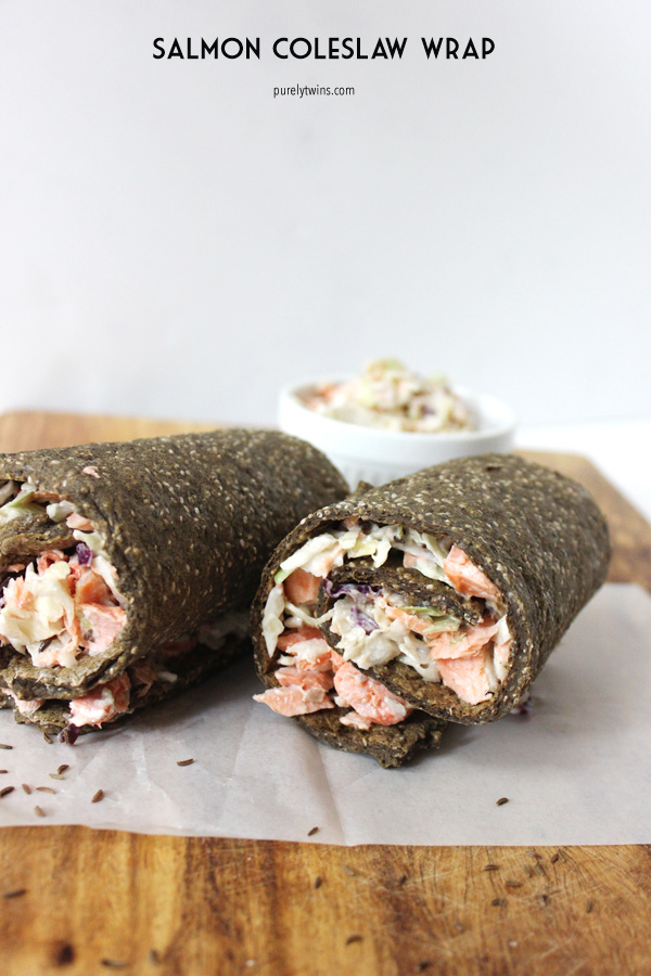 Grain-free gluten-free paleo coho salmon with dairy-free coleslaw. inside a chia seed wrap. | purelytwins.com 