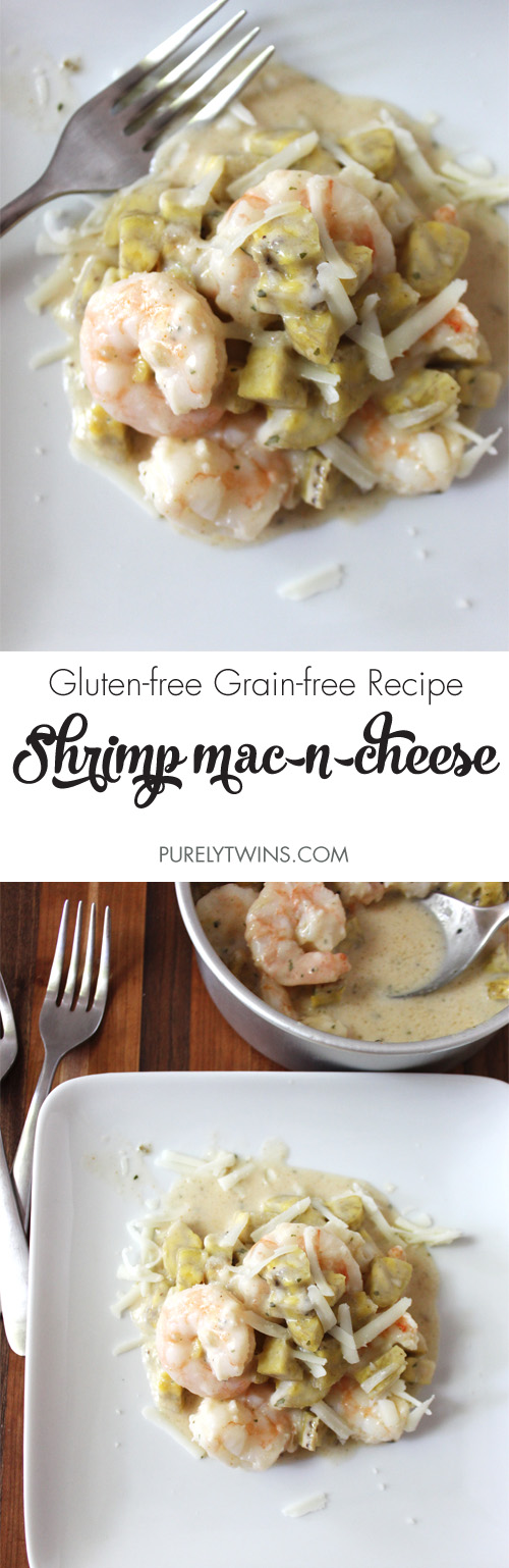 Gluten free grain free shrimp mac and cheese.  One pot dinner. | purelytwins.com