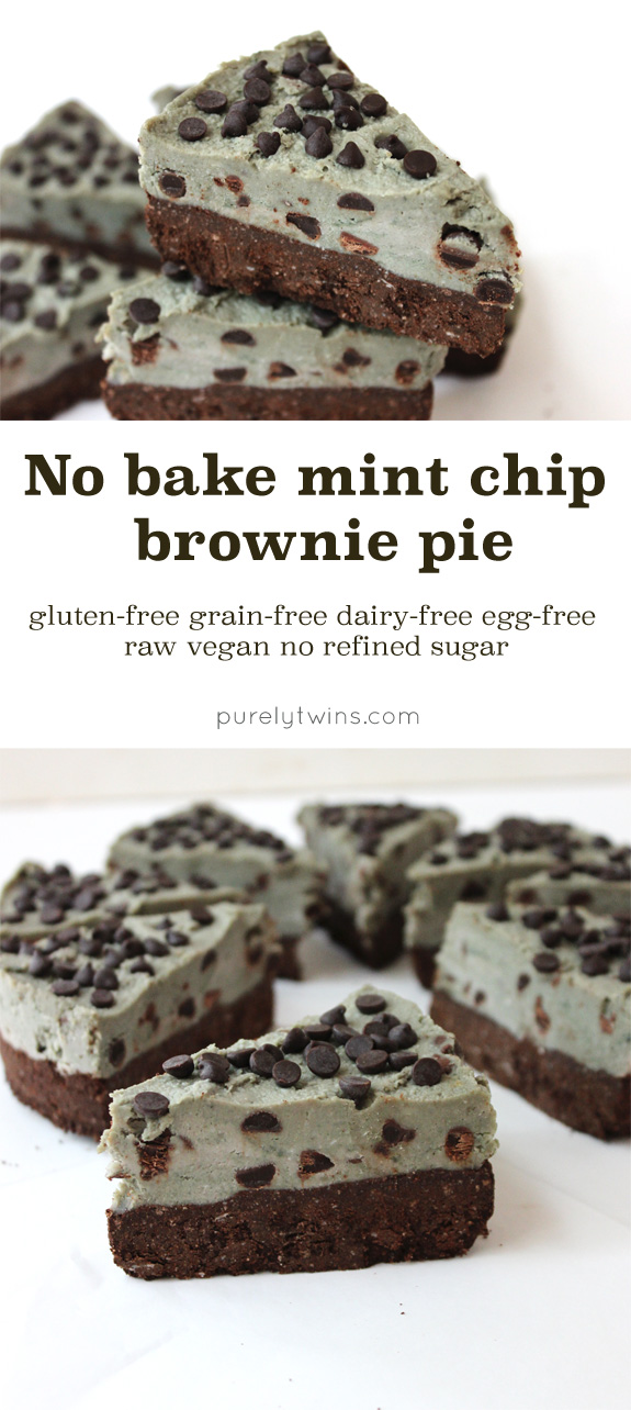 Gluten-free grain-free raw vegan paleo friendly no refined sugar NO BAKE mint chip cookie dough layered brownie pie. | purelytwins.com