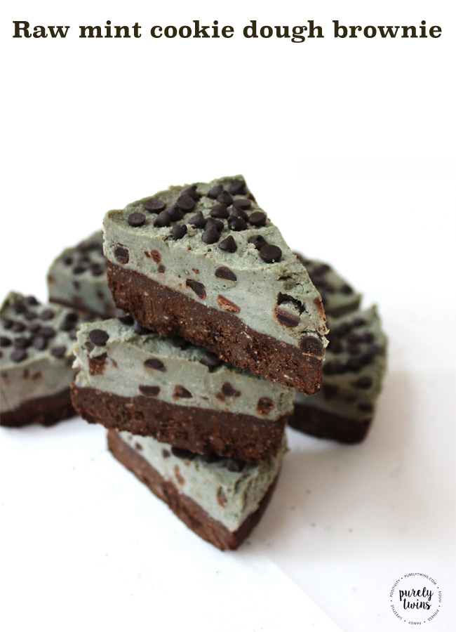 Raw mint cookie dough brownie pie. A sinfully delicious dessert made from real ingredients like bananas, cashews, raw cacao with a little fun mixed it like chocolate chips. 