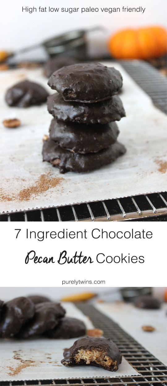7 ingredient chocolate pecan butter cookies. These cookies are high fat low sugar paleo cookies. Gluten, grain, dairy and egg free. | purelytwins.com
