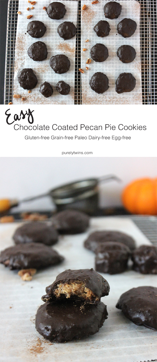 Easy chocolate coated pecan pie cookies. A fun way to enjoy chocolate and pecans together! Paleo. Vegan friendly. | purelytwins.com