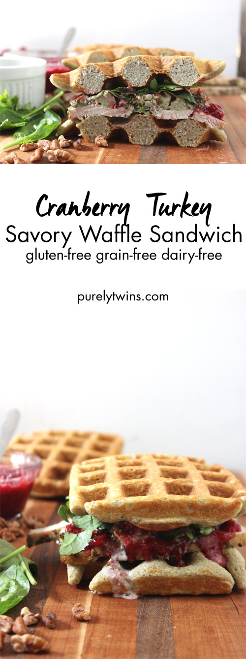 Cranberry turkey waffles using leftovers. Easy healthy recipe that is free of gluten, grains, and dairy. This sandwich is full of flavor and nutrition! We filled the sandwich with creamy broccoli and cranberry jam. | purelytwins.com