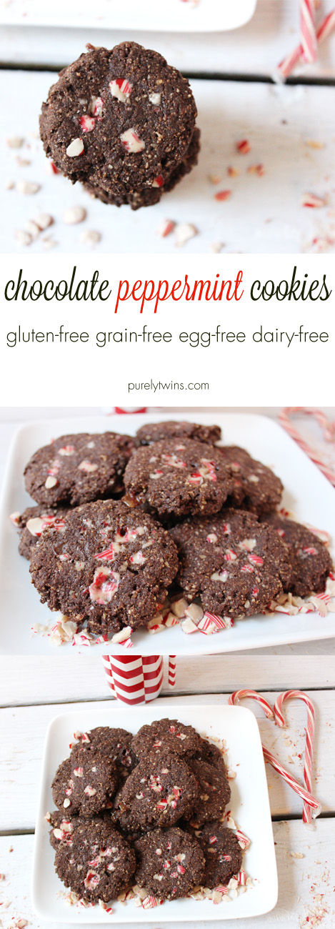 Chocolate candy cane cookie recipe that is gluten free, grain free, egg free, and dairy free. | purelytwins..com