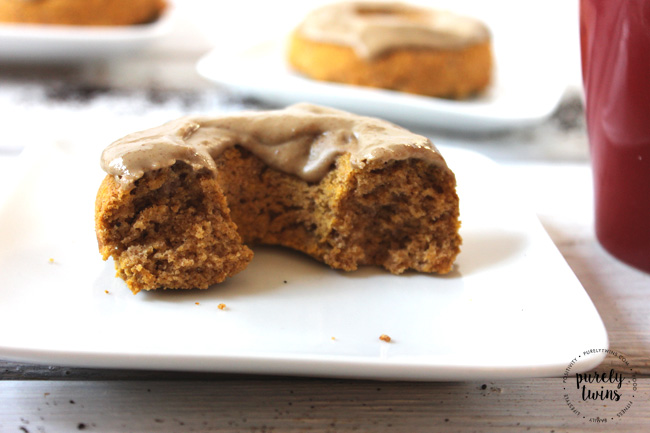Deliciously healthy gluten-free dairy-free baked pumpkin spice latte donut recipe with sugar-free protein coffee glaze.