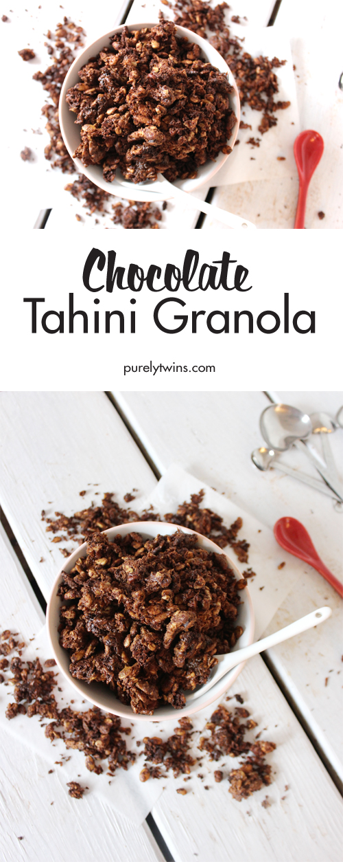 Super crunchy dark chocolate tahini granola. When your chocolate craving hits, satisfy it with this wholesome breakfast or snack! It's only made with 10 simple ingredients. Promise you'll love this granola, it doesn't have a strong tahini flavor but believe us chocolate and tahini are perfect together. 