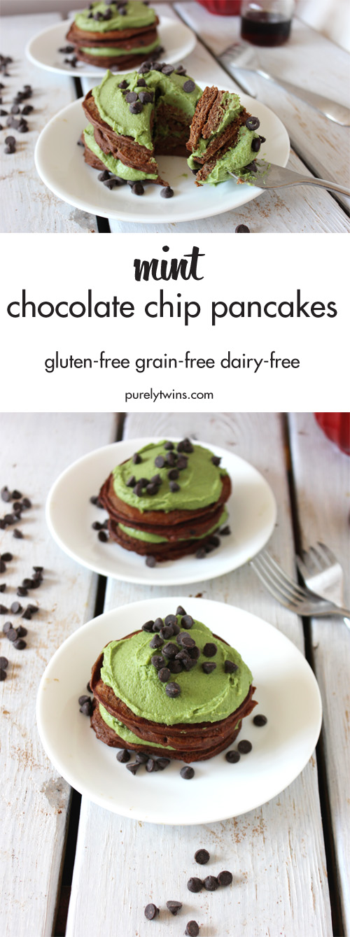 These look and taste heavenly! New family breakfast tradition! Mint Chocolate Pancakes! Plus they are gluten-free, grain-free and dairy-free. Full of healthy fats, protein and carbs to keep you full and satisfied. Perfect for a fun Valentine's day recipe or even St. Patty's day. Really these could be enjoyed any time the craving hits!