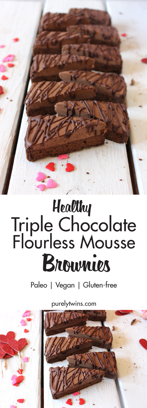 Flourless Chocolate Mousse Brownies that are easy to make and decadently DELICIOUS with a fudgy brownie base, creamy light chocolate mousse filling, and rich chocolate topping. This Triple Chocolate Mousse Brownie is a chocolate lover's dream dessert! This mousse brownie recipe requires NO flour, eggs, or dairy!