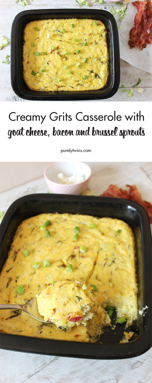 Creamy goat cheese grit casserole with brussel sprouts and bacon is a comforting dish for any occasion. Gluten-free dinner made easy. Made with non-GMO corn. Come see how easy this recipe is to make. SOOO GOOD! 
