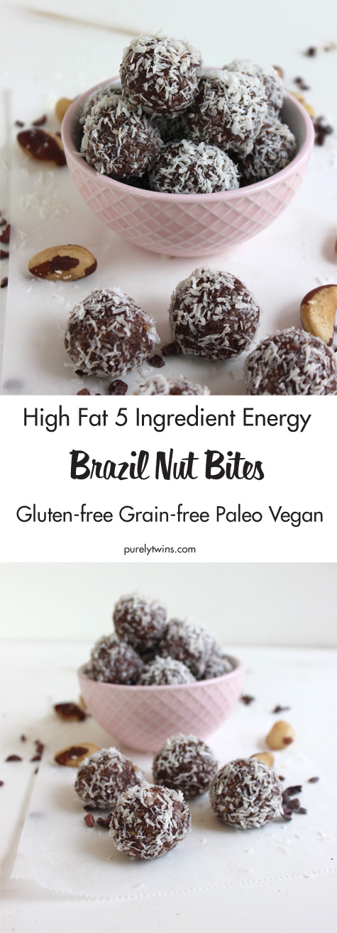 High fat energy snack - Brazil nut coconut balls. Paleo and vegan treat. This recipe will become an instant favorite with the wonderful balance of flavors - a little sweet, nutty, chocolaty and salty. 