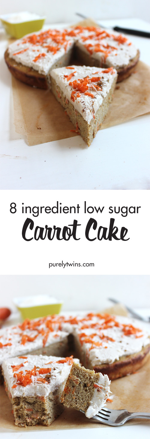 8 ingredient carrot cake recipe that is low in sugar and made with plantains. No flour. No refined sugar. A light and moist carrot cake that is not too sweet. Easy to make and ready in under 30 minutes. 