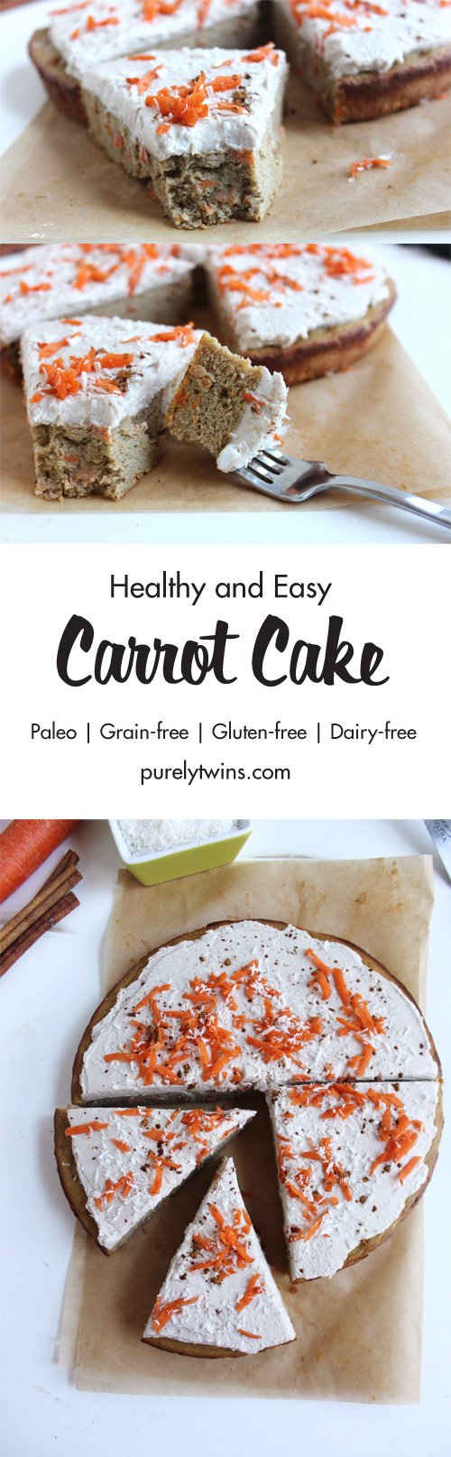 Healthy and easy carrot cake with a dairy free coconut cream frosting. Paleo dessert. If you are looking for a carrot cake recipe that is gluten-free and grain-free this is your recipe. A must make recipe if you love carrot cake and simple recipes. This carrot cake is made using a blender.