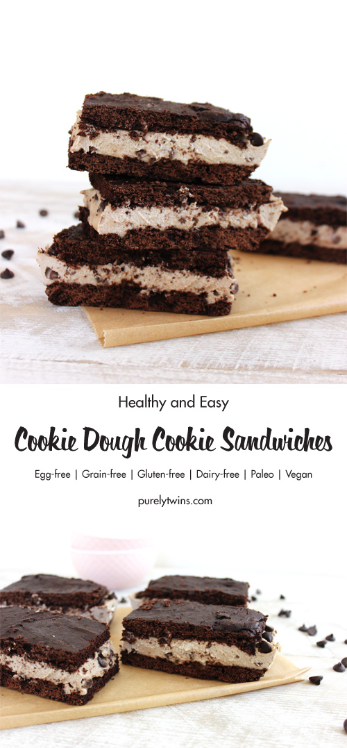Real Food raw cookie dough inside chocolate cookie to make a delicious SANDWICH {grain-free, dairy-free, egg-free, gluten-free} Click to get a video tutorial for how to make your own homemade cookie dough cookie sandwiches. 