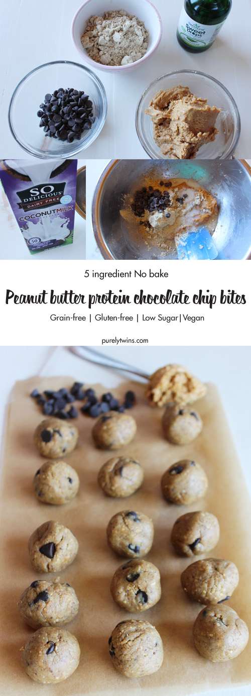 No Bake Peanut Butter Chocolate Chip Protein Bites: delicious, easy to make, energy-boosting and super-filling. Made of just 5 simple ingredients, vegan, gluten free and low in sugar. Taste like a peanut butter cup cookie dough.