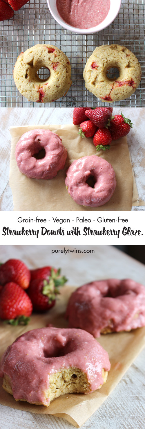Healthy Strawberry Breakfast Donuts- Fluffy and satisfying doughnuts made with NO grains, NO eggs, NO yeast and LOW in sugar yet tastes amazing. Baked not fried strawberry donuts made in a blender. {vegan, gluten free, paleo recipe}