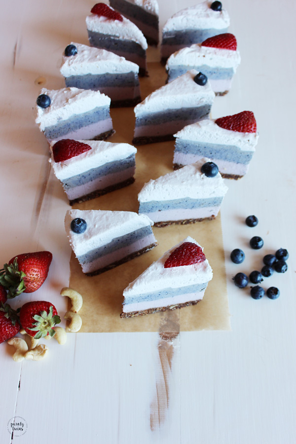 Raw berry cheesecake recipe. Easy to make made from real ingredients. Make this healthy dessert recipe for your Fourth Of July party.