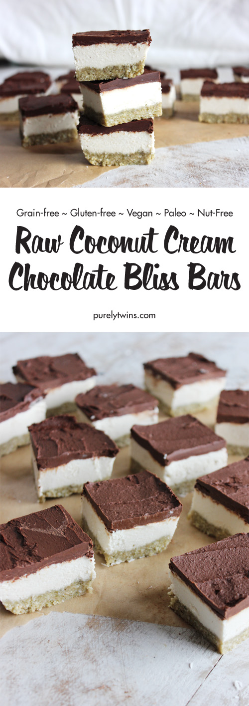 If you're looking for an incredible raw, easy dessert recipe that really can be enjoyed anytime? Then make this super easy and healthy dessert recipe.These coconut cream bliss bars are made with healthy ingredients you probably have in your house. A little sweet and savory, and bursting with flavor. Simple, delicious and free from gluten, grains, egg, nuts and refined sugar.