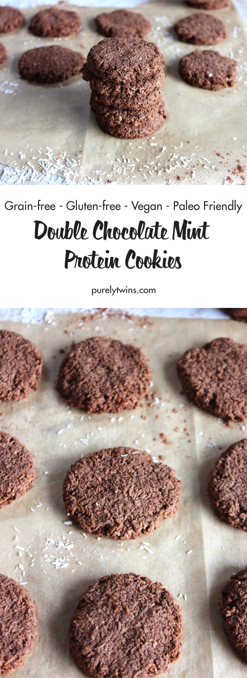 Double Chocolate Mint Protein Cookies. Thick, slightly chewy with a hint of mint and loads of chocolate in every bite! Made from just 5 ingredients. All you need is a bowl too making it the easiest cookies ever. The perfect cookie to satisfy your chocolate cravings. This chocolate protein cookie recipe is gluten-free, vegan and paleo friendly. A cookie the whole family will love.