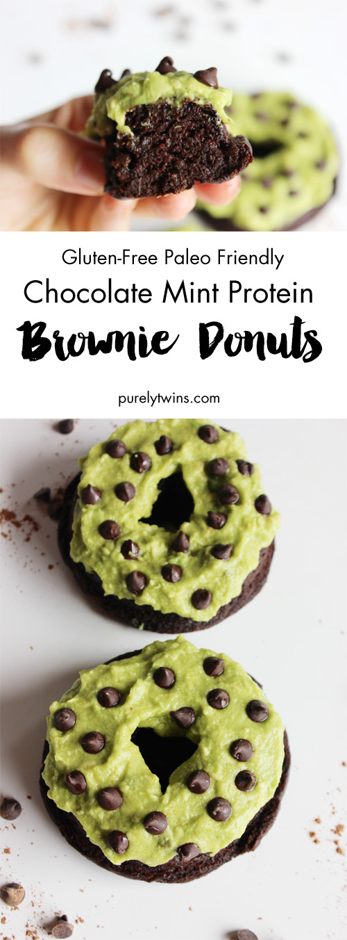 Baked chocolate mint brownie protein donuts made in under 15 minutes. Paleo friendly and gluten-free protein donuts. So tender and rich. What's not to love. Chocolate and mint are perfect together. Try them, and you and your family will love these donuts. And these donuts are low in sugar. You're in chocolate brownie donut heaven. Made from just a few simple ingredients. Secretly healthy for you too!