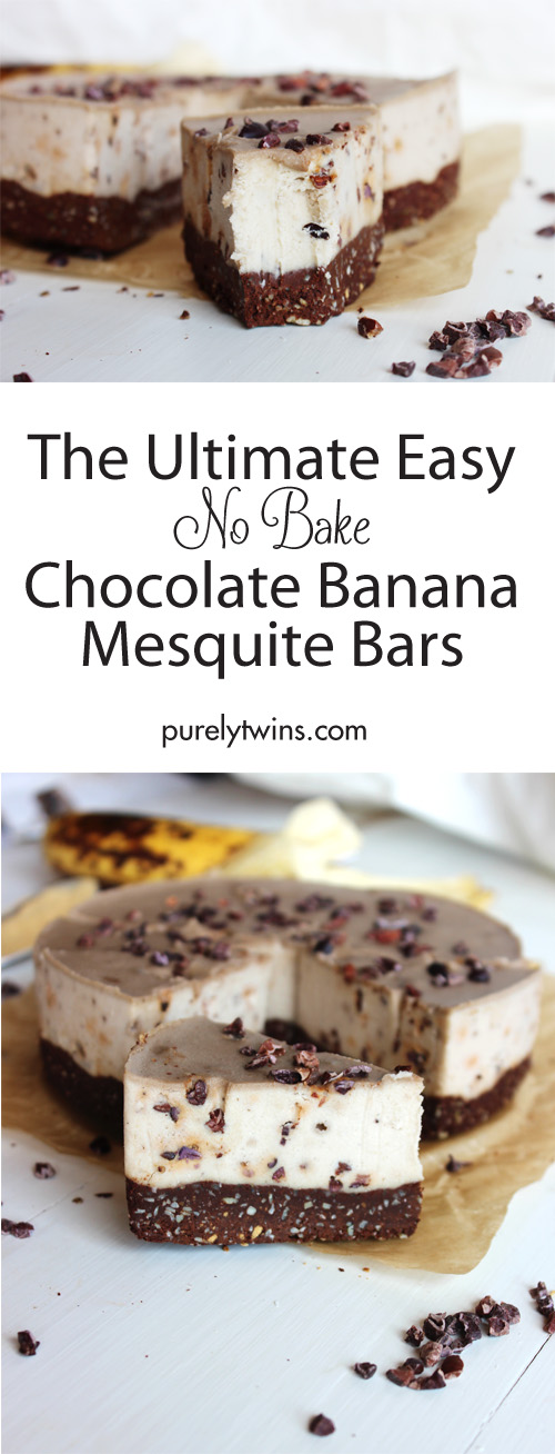 The best NO BAKE Chocolate Banana Mesquite Bar - Super rich and creamy, mix of chocolate and caramel banana like flavor, mixed with tahini and mesquite, and loaded with fiber, antioxidants, and protein! Easy, delicious raw recipe that's the BEST!! Dessert worth waiting for. 