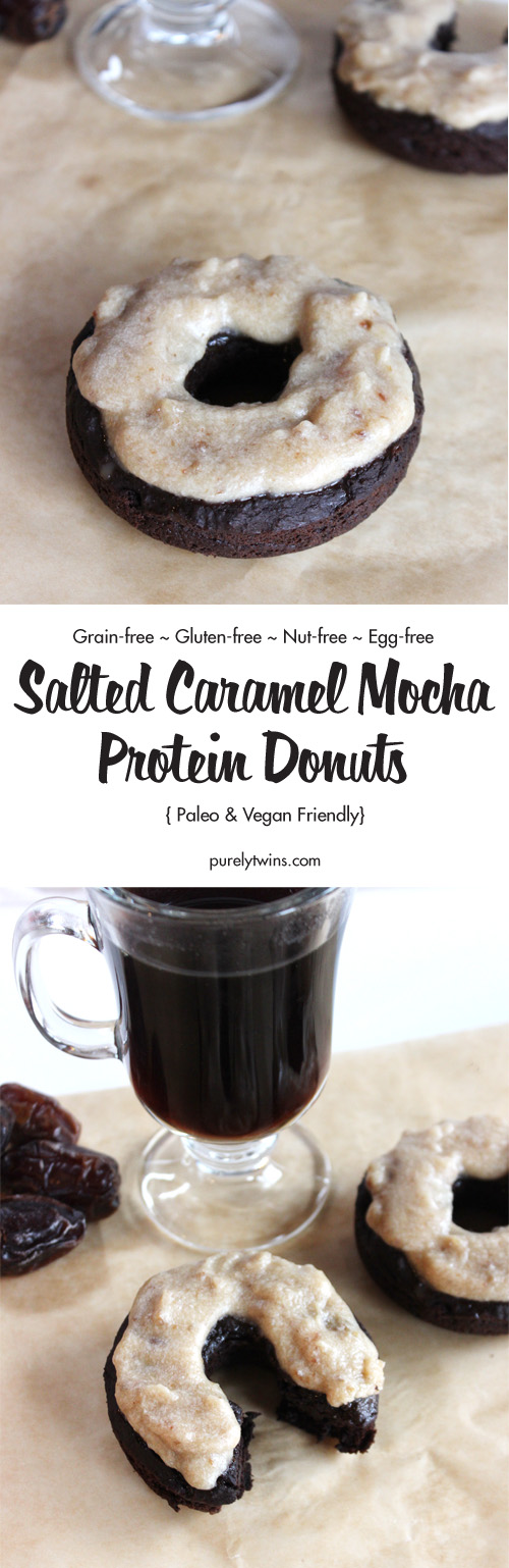 Salted Caramel Mocha Donuts that are baked not fried. Rich in flavor, soft cake-like crumb and seriously delicious! Refined sugar free, grain free, gluten free, nut and egg free. Paleo and vegan friendly. Best part? These baked donuts made from just 8 ingredients and serve 2! 
