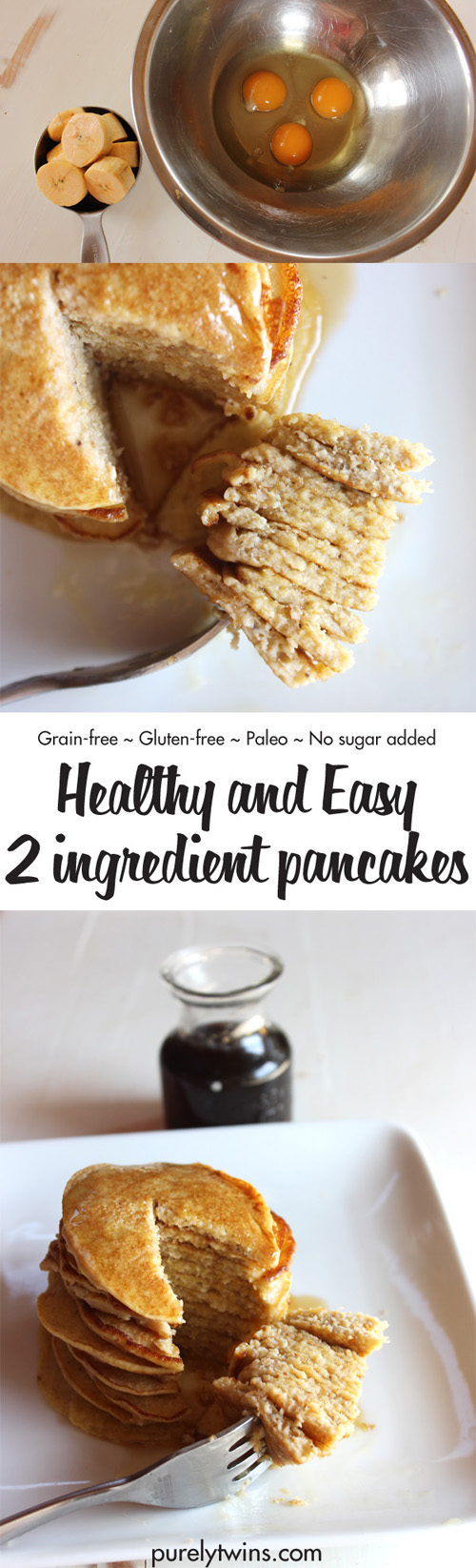 How to make fluffy pancakes at home, with ease. This easy gluten-free grain-free pancake recipe only requires 2 simple ingredients: eggs and plantains. Soft and pillowy. A stack of deliciousness. Skip the store-bought pancake mix. These healthy 2 ingredient pancakes are incredible. 