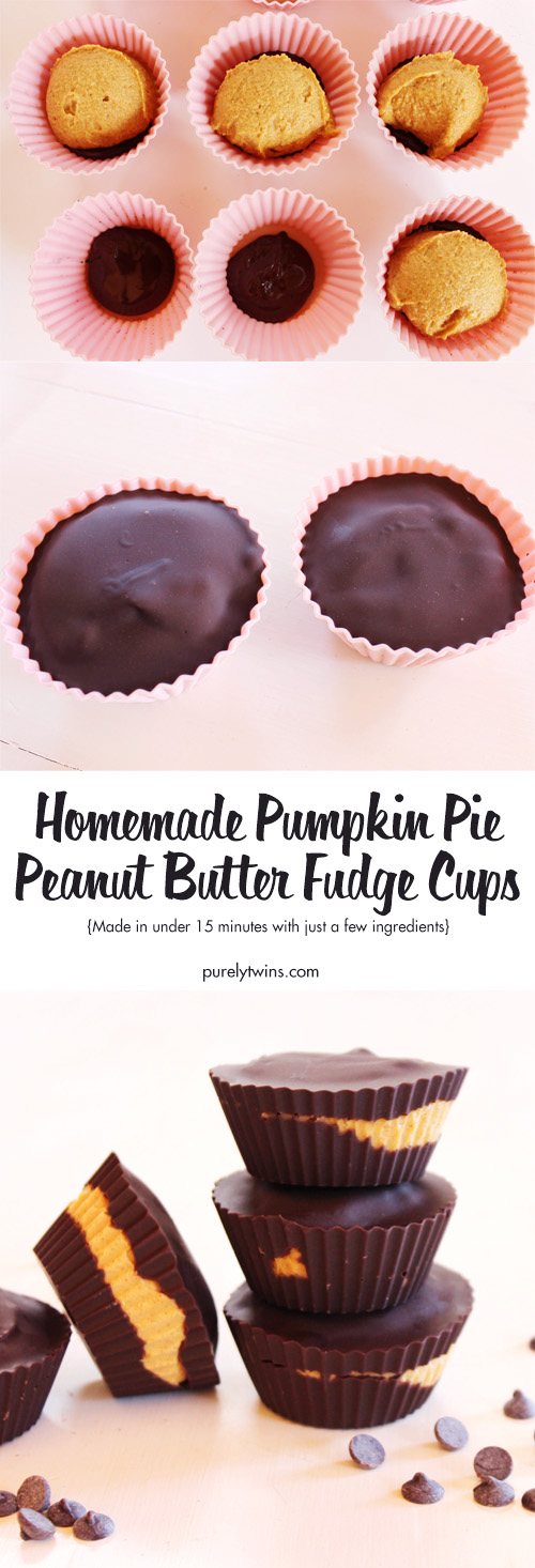 Reese's peanut butter cup inspired recipe - Homemade pumpkin pie fudge peanut butter cups. These pumpkin pie fudge peanut butter cups are chocolate cups filled with pumpkin pie peanut butter fudge. Easy to make. Made in under 15 minutes from just a few ingredients. This recipe is gluten-free and dairy-free. Click to get a follow along video to make these pumpkin PB cups.