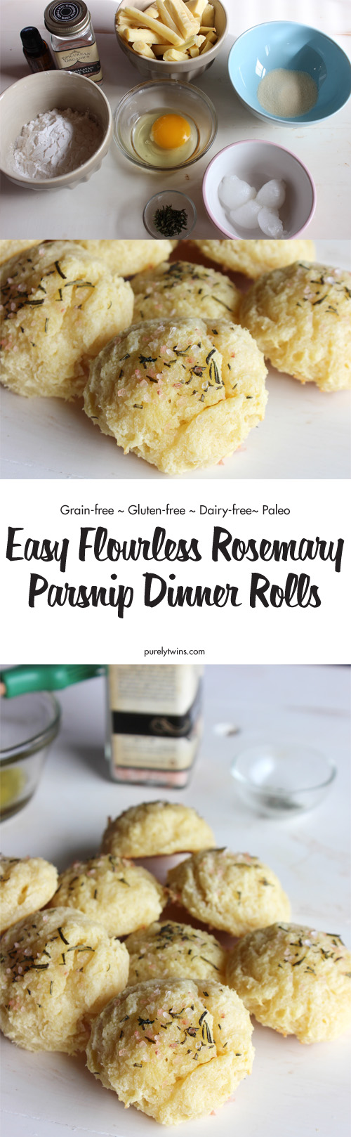 Easy gluten-free rosemary dinner rolls made from parsnips. The BEST dinner rolls. No flour. No yeast. Paleo dinner rolls that are soft, chewy and full of flavor. No need to buy store bought dinner rolls when you have parsnip rolls. If you like rosemary and parsnips this is the roll for you.