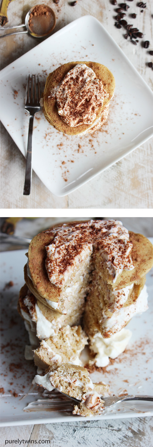 A time saving tiramisu recipe made as pancakes. We took our plantain pancakes, soaked them in coffee and layered them up yogurt filling. And a little cocoa for dusting. Serve with coffee, do some journaling and say your prayers and get ready to have the best day ever.