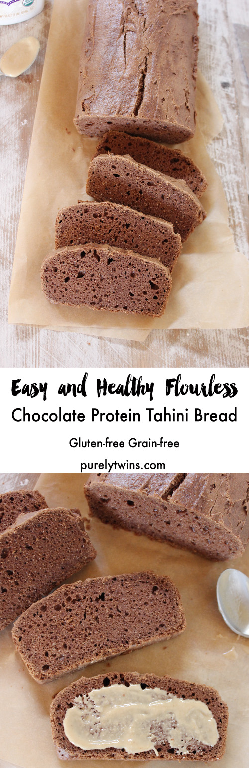 Looking for a quick and healthy bread recipe? Look no further friend. All you need is 8 simple ingredients to whip up this deliciously healthy chocolate protein tahini bread. This quick bread recipe is full of healthy fats and a boost of protein and chocolate. All the flavors blend perfectly together and has a nice light texture. Perfect for slicing and topping with more tahini or butter of choice. Gluten-free. Grain-free. Flourless. Low Sugar. Made in under 30 minutes. See how quick and easy it is to make this chocolate tahini bread.