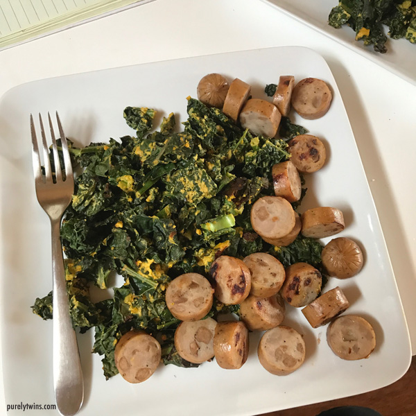Kale chips dinner with Applegate chicken apple sausage