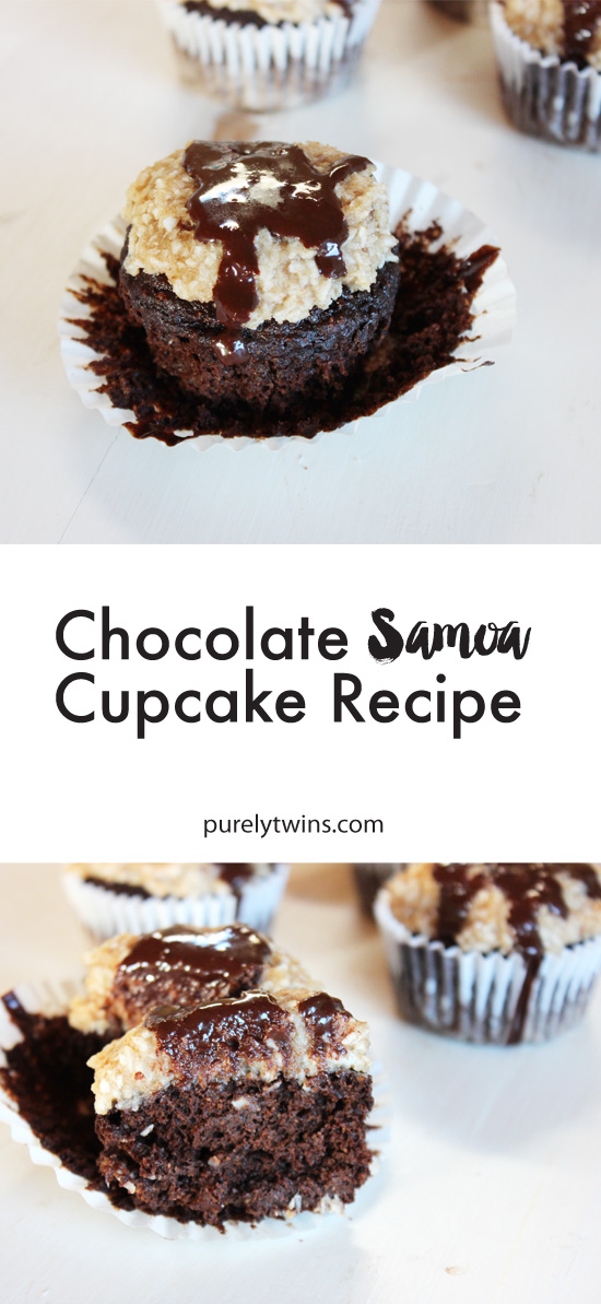 Samoa Chocolate Caramel Coconut Cupcakes-like a girl scout cookie in cupcake form! Wow! That name was a mouthful, but it fits. These cupcakes are a mouthful. A mouthful of yum! The best gluten-free grain-free chocolate cupcake. 