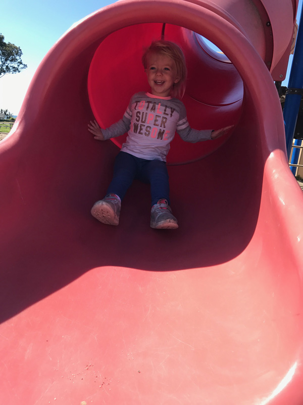 2 year old playing on slide at playground California