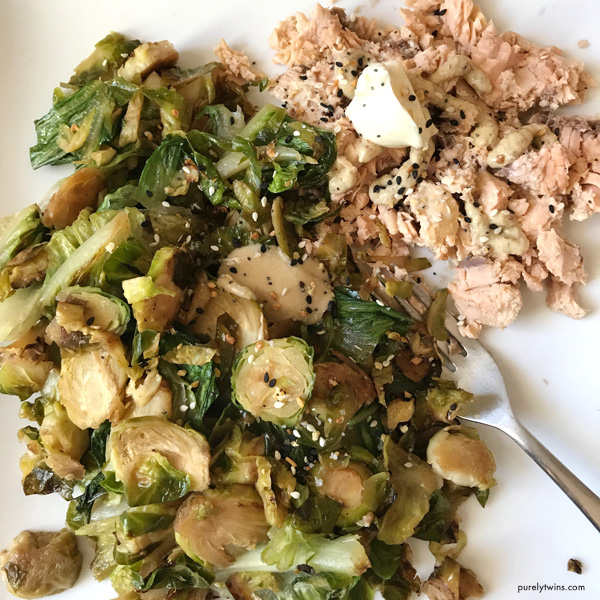 Healthy paleo dinner canned salmon and tahini and brussel sprouts