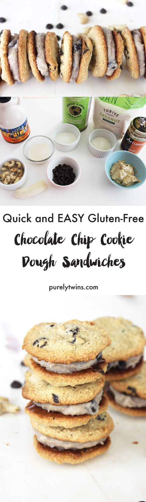 Your cookie dough dreams have just been answered An easy recipe for gluten-free dairy-free chocolate chip cookie dough sandwiches. Two soft chocolate chip cashew cookies sandwiched with egg free cookie dough frosting! So easy to make and ready in less than 20 minutes. 