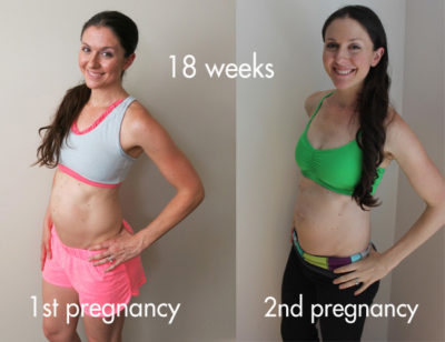 18 weeks pregnant side by side picture from 1st and 2nd pregnancy.